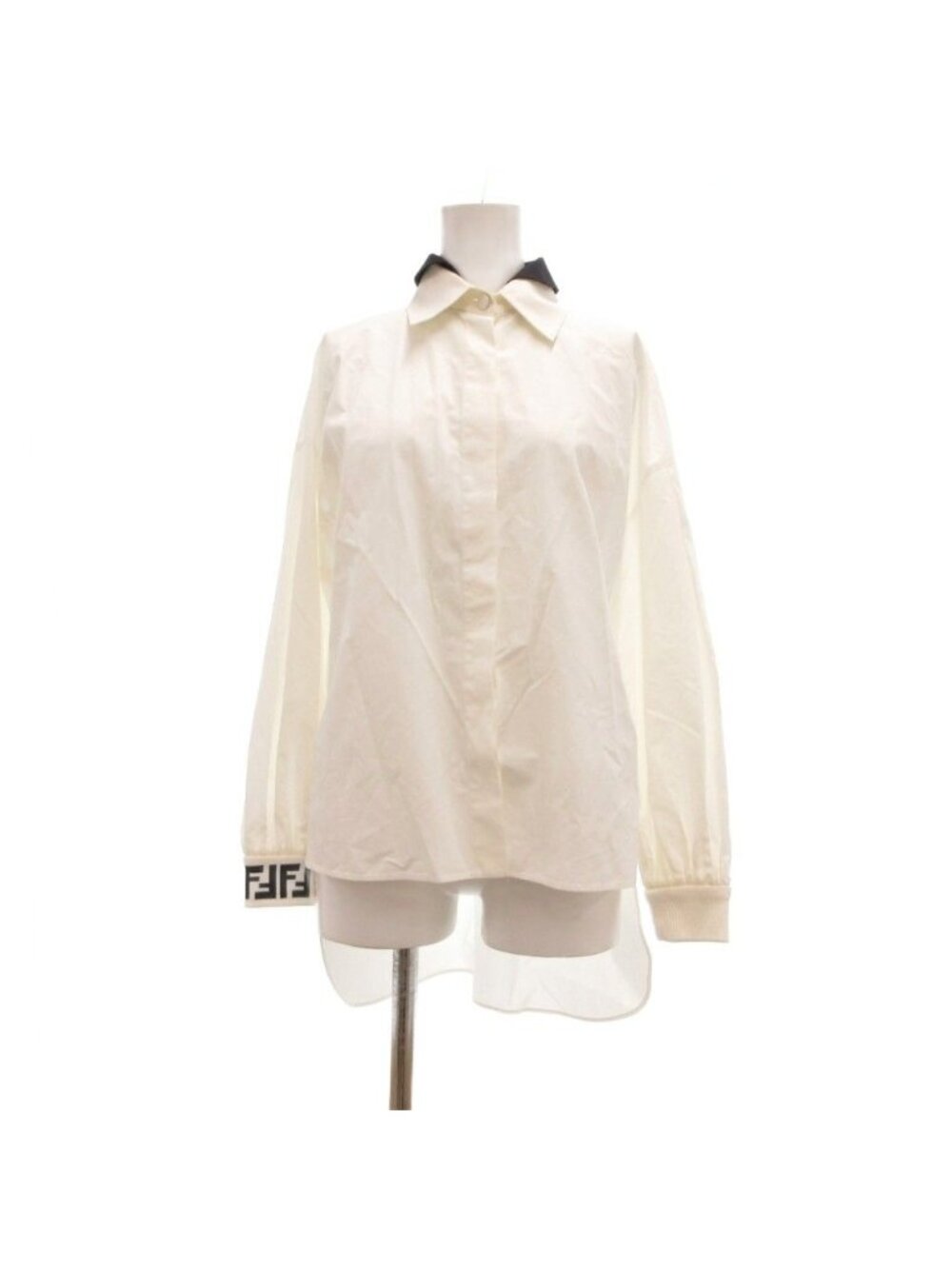 Fendi Shirt Blouse White Double Collar Zucca Pattern FF Logo Rib 36
